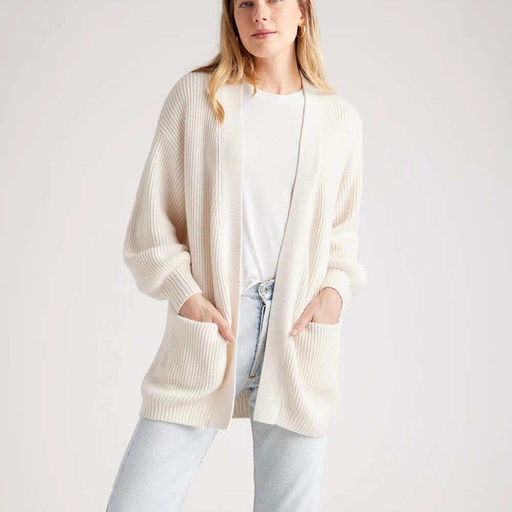 Quince Women's Cream Ribbed Cotton Cardigan Xs